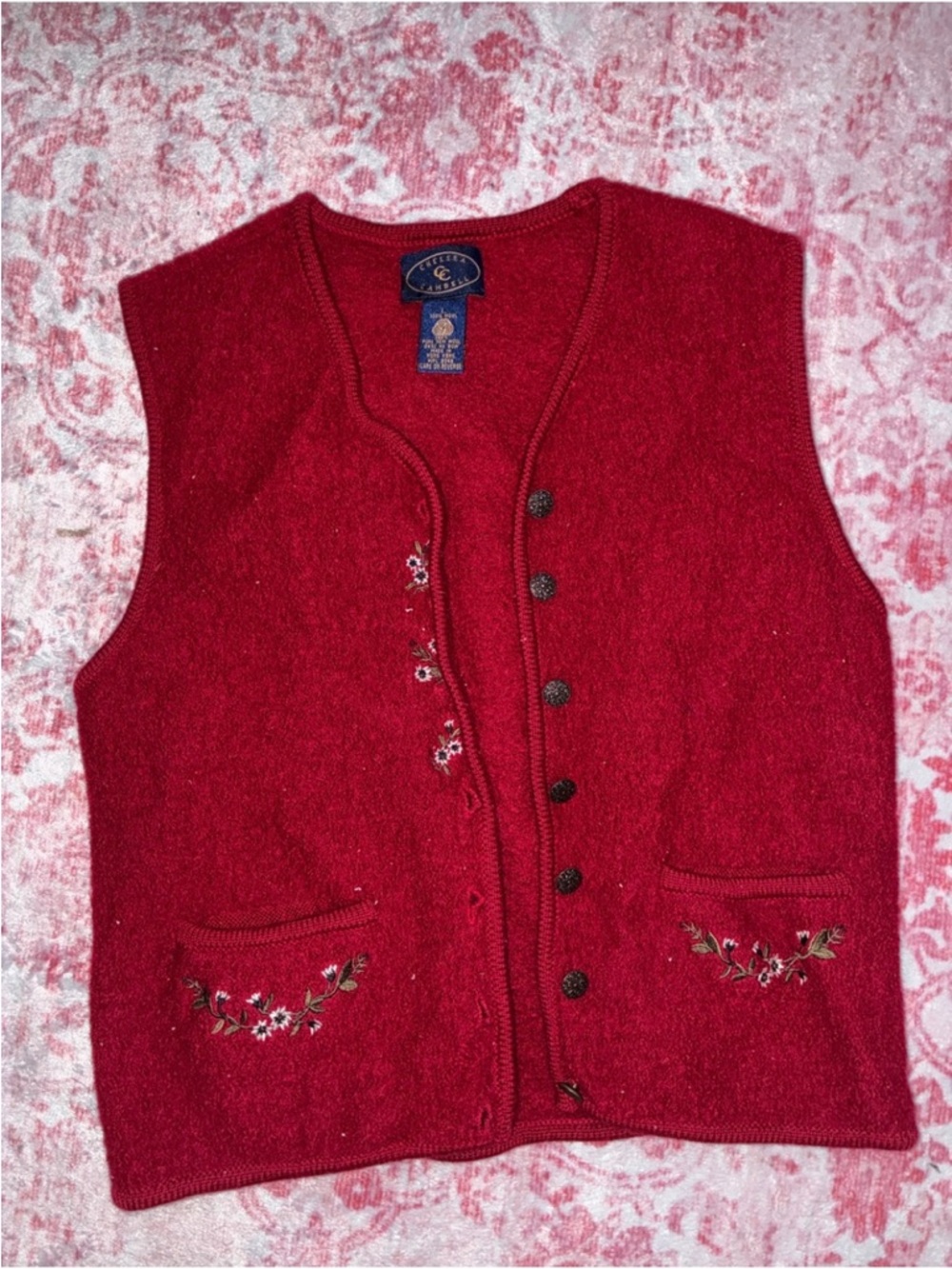 Red Embroidered Button-Up Wool Vest